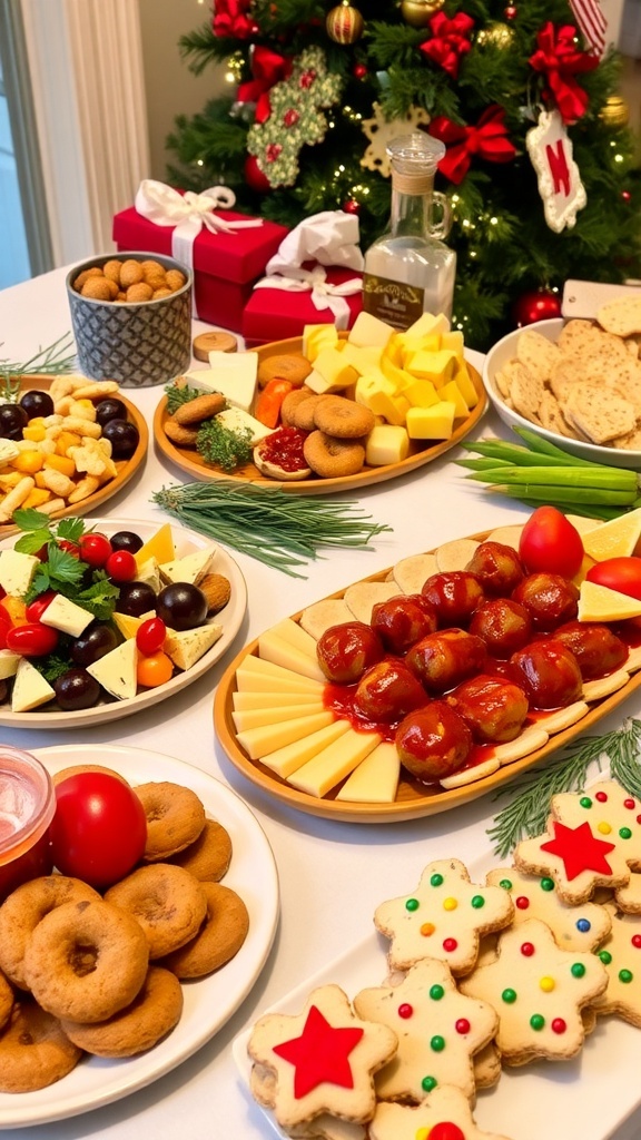 Festive Christmas Party Food Spread A festive Christmas party food spread with cheese, meatballs, roasted vegetables, and holiday cookies on a decorated table.